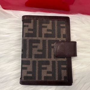 Auth FENDI Zucca Planner Cover Khaki Black Brown Canvas Leather